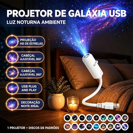Luz Noturna Projetor Galaxy USB 360° Giratória Lâmpada Céu Estrelado para Decoração de Casa