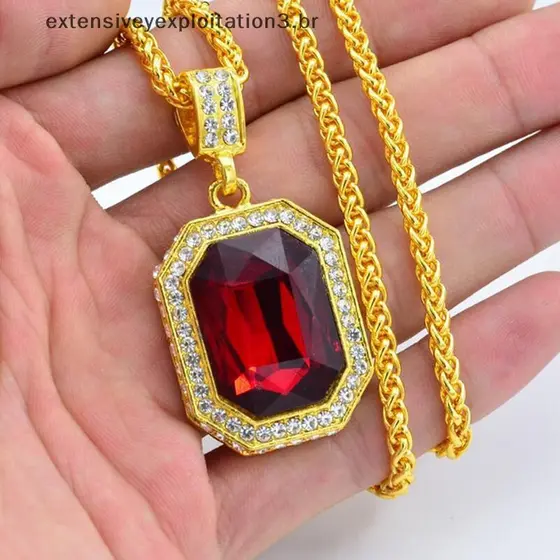 Colar de Rubi Quadrado com Diamantes EMBUTIDOS EEBR, Pingente Masculino Hip-Hop, Joia Vintage com Pedra Preciosa Vermelh