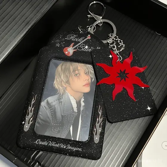 Porta-cartões com padrão de chamas de guitarra rock, estilo ins, estojo de armazenamento para fotos de ídolos e polaroid