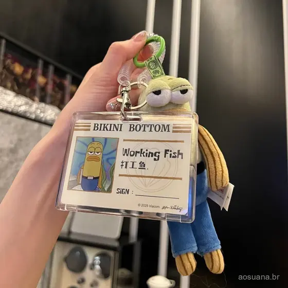 Porta-cartões Pop Mart SpongeBob, porta-cartões de residente, porta-cartões de identificação de peixe trabalhador, peixe