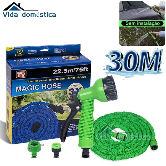 Mangueira Mágica Flexível 15/30 Metros p/ Jardim Carro 7 Tipos de Jatos Retrátil Elástica Expansível Irrigação
