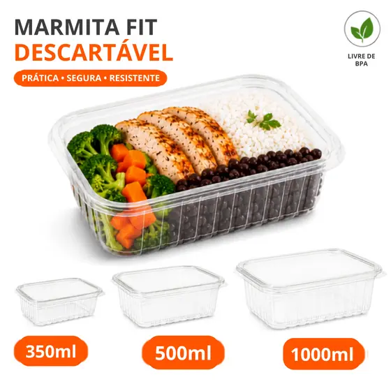 Kit Marmita Fit Descartável 350/500/1000ML Pote Plastico Retangular Com Tampa