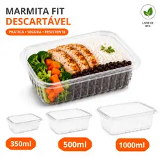 Kit Marmita Fit Descartável 350/500/1000ML Pote Plastico Retangular Com Tampa