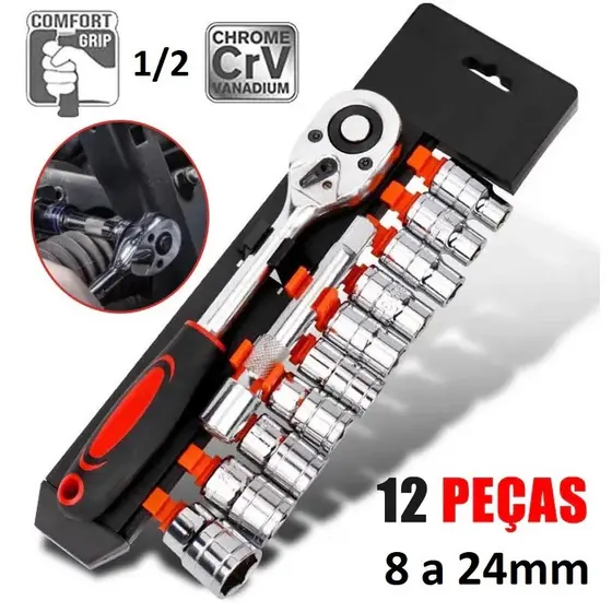 Jogo De Soquete Sextavado 1/2 Catraca 12 Peças 10 a 24mm com Extensão