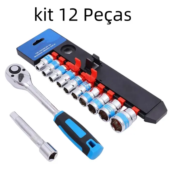 Jogo De Soquete Sextavado 1/2 Catraca 12 Peças 10 a 24mm com Extensão