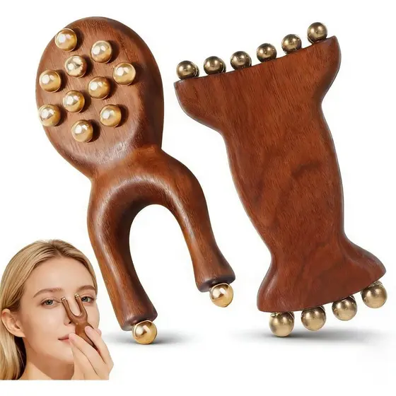 Conjunto de 2 Peças de Massageador de Drenagem Linfática em Madeira para Mulheres, Rolo Massageador Facial de Sândalo e 