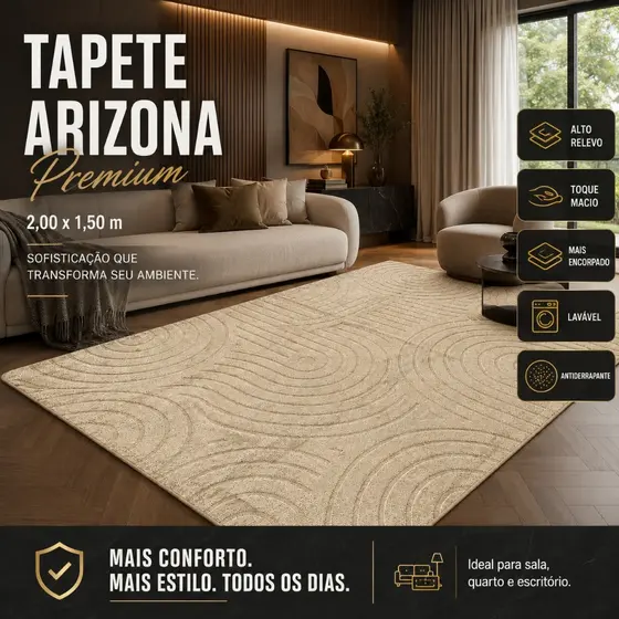 Tapete Premium Bege 2,00x1,50 Sala Quarto Escritório Alto Relevo Macio Antiderrapante