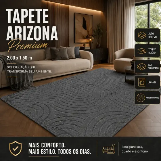 Tapete Premium Cinza 2,00x1,50 Sala Quarto Escritório Alto Relevo Macio Antiderrapante