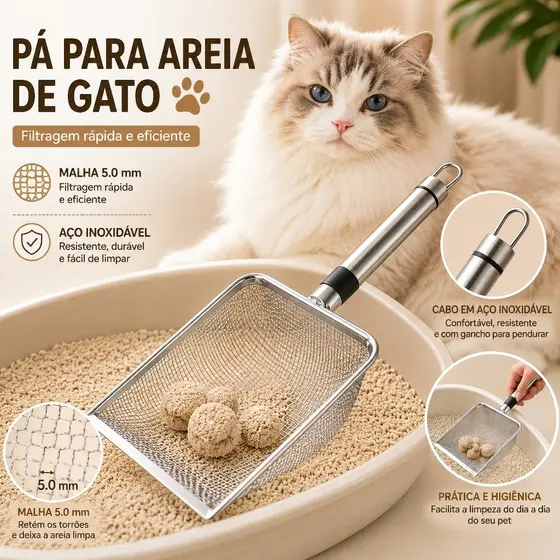 Pá Peneira De Areia Coletora Higiênica Pet Gato Cachorro Lagarto Aço Inox Malha de 5 mm - Caixa De Areia