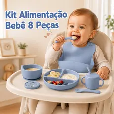 Kit Alimentação Bebê 8 Peças Silicone Livre de BPA com Ventosa Prato Divisório Babador para Introdução Alimentar