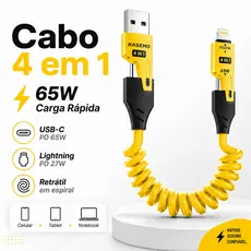Cabo Carregador Retrátil 4 em 1 USB Tipo C Lightning Até 65W Dados 480Mbps 1,5m