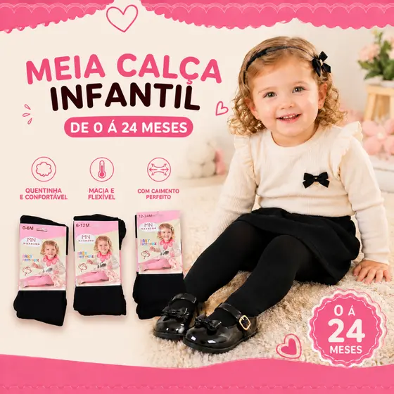 Meia Calça Infantil Inverno 0 a 2 anos Preta Quente