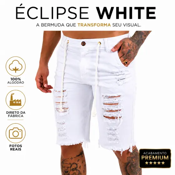 Bermuda Jeans Branca Masculina Destroyed Conforto Premium 100% Algodão Bermuda Jeans Masculina