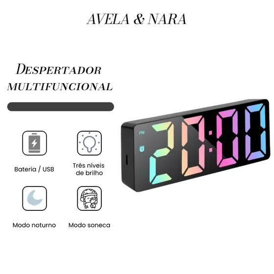 Relógio Despertador Digital de Mesa com LED, Função Alarme e Temperatura, Preto, Dimensões