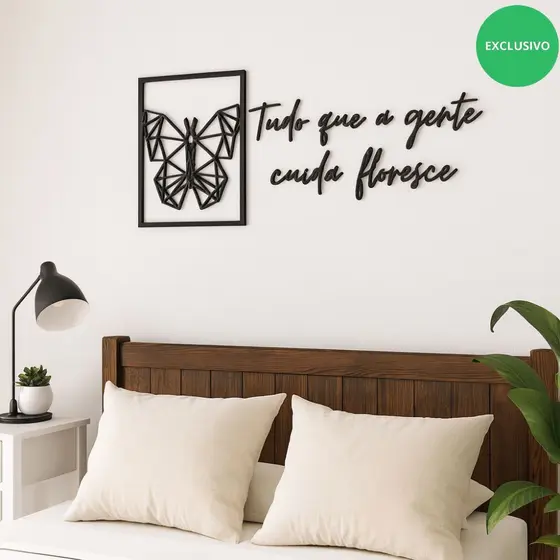 Kit Quadro Borboleta + frase Decorativa Tudo Que a Gente Cuida Floresce De Parede e Cabeceira  MDF palavras lettering