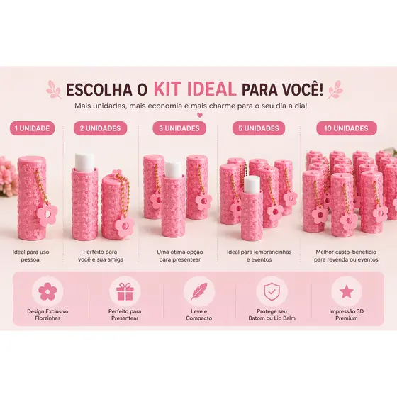Porta Lip Balm Kit 5 Unidades  Florzinhas  com Chaveiro Porta Batom Manteiga de cacau Presente Brinde