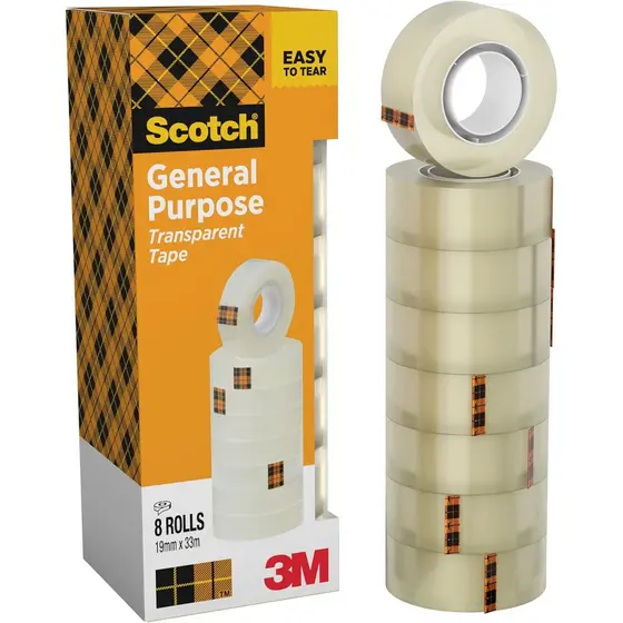 Fita Transparente Scotch, 8 Rolos (19 mm x 33 m) - Fita Transparente de Uso Geral para Escola, Casa e Escritório (A emba