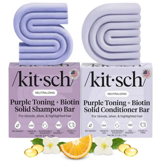 Conjunto de Shampoo e Condicionador em Barra Roxo Kitsch para Cabelos Loiros e com Coloração - Com Biotina para Fortalec