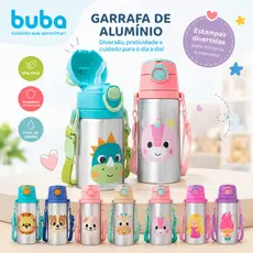 Garrafinha de Água Buba Infantil de Alumínio Animais com Canudo