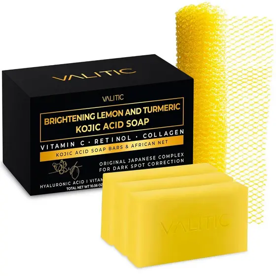 Sabonete Clareador de Limão e Cúrcuma com Ácido Kójico, Vitamina C, Retinol - Complexo original japonês, contém ácido hi