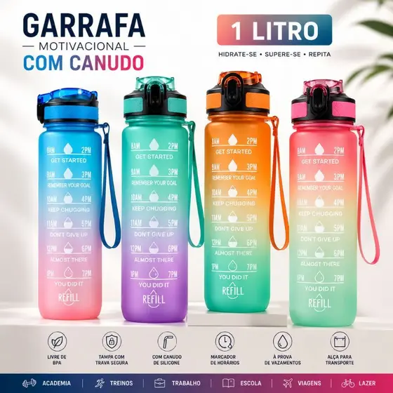 Garrafa Squeeze 1L Com Canudo Motivacional Academia Fitness Tie Dye Trava Marcador de Horários Alça