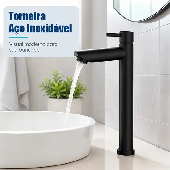 Torneira Lavatório Saída Alta Aço Inoxidável Preto Prata Resistente Para Bancada De Banheiro