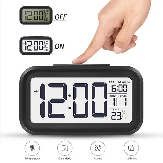 Relógio De Mesa Digital Pequeno Portátil Lcd Led Brilha Escuro Multifuncional Temperatura Data