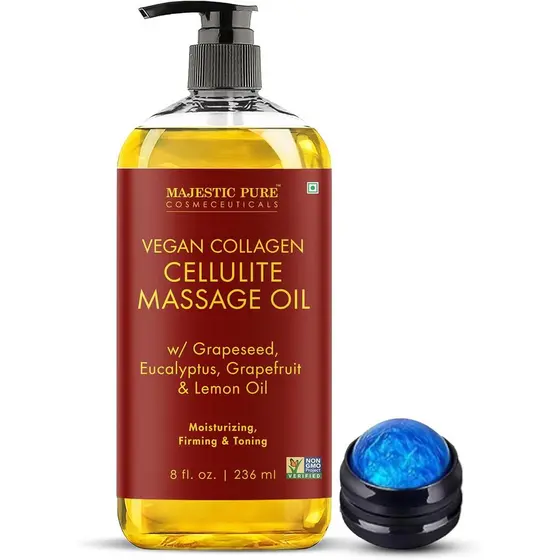 Óleo de Massagem Majestic Pure para Celulite 236 ml - Óleo de Massagem para Firmeza e Tonificação da Pele, Inclui Rolo d