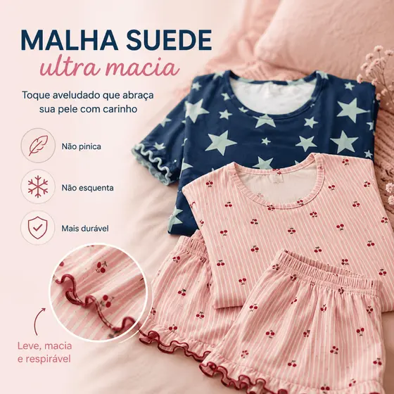 Kit 2 Pijamas Femininos Verão Suede Viscose Conjunto Estampado Sortido Confortável Roupa de Dormir