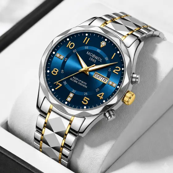 MOBWOL Relógio Masculino Moderno Quartzo Aço Inoxidável Impermeável Calendário Semanal Luminoso Estilo Esportivo Luxuoso