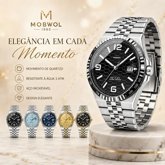 Relógio Masculino MOBWOL Quartzo Aço Inox Calendário Luxo Social Resistente à Água Casual Executivo