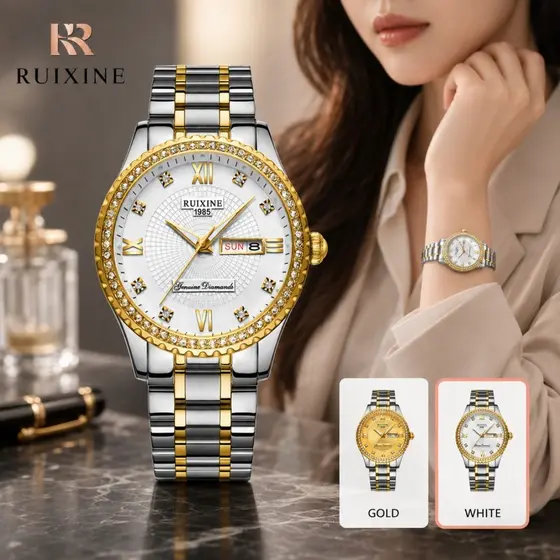 RUIXINE R-839 Relógio Feminino Dourado Luxo Quartzo Aço Inoxidável com Cristais Brilhantes Calendário Elegante Social Fe