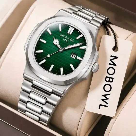 MOBWOL Relogio Masculino Premium Quartzo Verde Aço Inoxidável 316L Pulseira Integrada Calendário Social Luxo