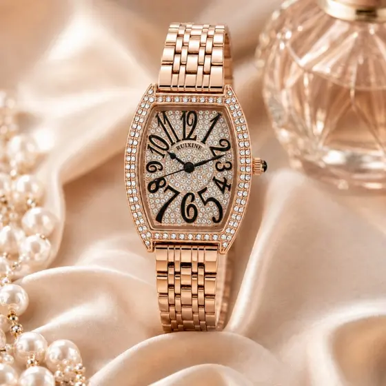 Relógio Feminino RUIXINE Rose Gold Tonneau Cravejado com Cristais Quartzo Aço Inoxidável Presente Luxo Vintage Elegante