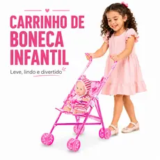 Carrinho de Boneca Infantil Rosa com Bebê Reborn Dobrável Leve Brinquedo Menina Passeio Divertido