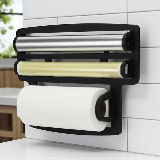 Porta Papel Toalha Triplo de Parede 3 em 1 Organizador Rolos Cozinha Filme PVC Aluminio Cortador