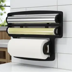 Porta Papel Toalha Triplo de Parede 3 em 1 Organizador Rolos Cozinha Filme PVC Aluminio Cortador
