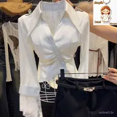 temperamento renda costura lapela camisa de manga comprida feminina High-End cintura estreita mais magro olhar chiq