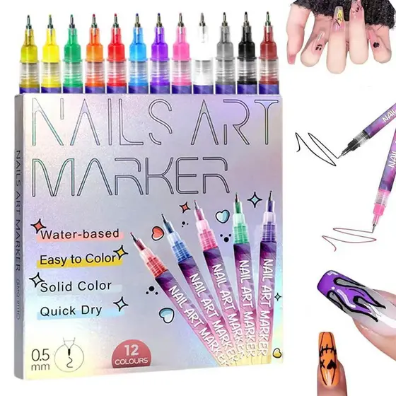Conjunto de Canetas de 12 Cores, Caneta para Arte em Unhas 2026, Caneta para Pintura de Arte em Unhas DIY, Caneta para P