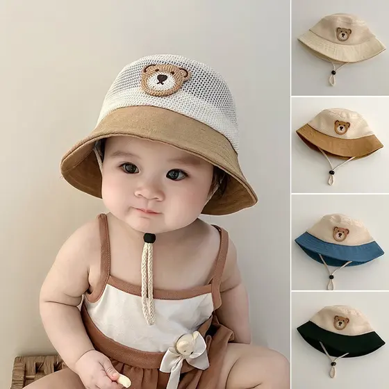 Moda Chapéu De Bebê De Dois Tons De Malha Respirável Urso Pescador Sol Ajustável