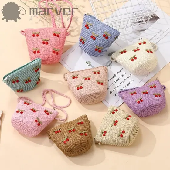 MARVER Bolsas De Ombro Para Meninas , Bolsa De Palha Infantil Com Zíper Cerejas Vermelhas , Adereços Fotos Fofos , Cross