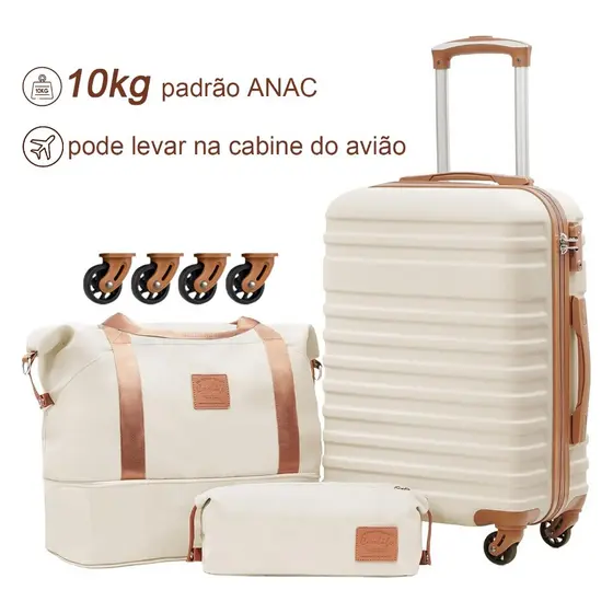 Kit de Malas de Viagem 10kg e 5kg em ABS, 3 Peças com Rodas 360°, Cadeado e Sistema Antifurto