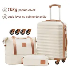 Kit de Malas de Viagem 10kg e 5kg em ABS, 3 Peças com Rodas 360°, Cadeado e Sistema Antifurto