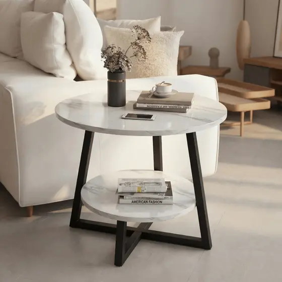 Mesa de Centro Redonda Simples, com 2 Prateleiras (Mesa Auxiliar Decorativa para Sala)