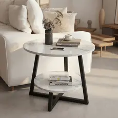 Mesa de Centro Redonda Simples, com 2 Prateleiras (Mesa Auxiliar Decorativa para Sala)