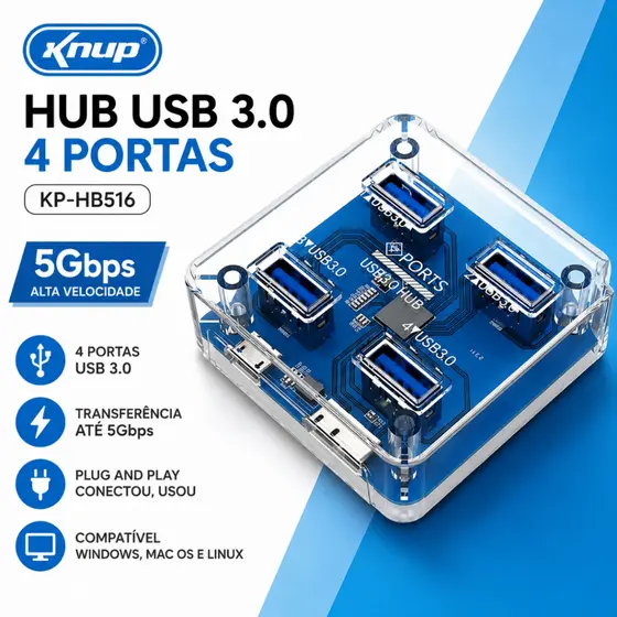 Hub USB 3.0 Knup 4 Portas 5Gbps Alta Velocidade Extensor Notebook PC KP-HB516