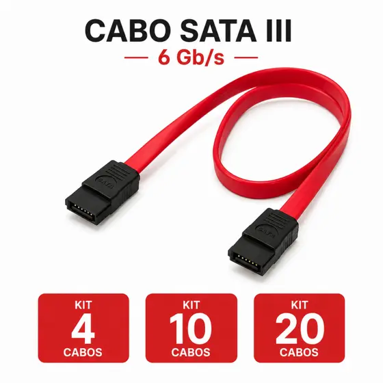 Kit 4, 10 e 20 Cabos SATA III 6 Gb/s  para HD/SSD Vermelhos Retos