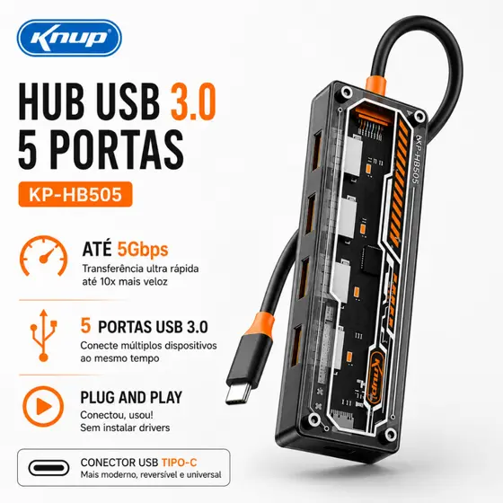 Hub USB 3.0 Knup 5 Portas 5Gbps Extensor Alta Velocidade Notebook PC KP-HB505