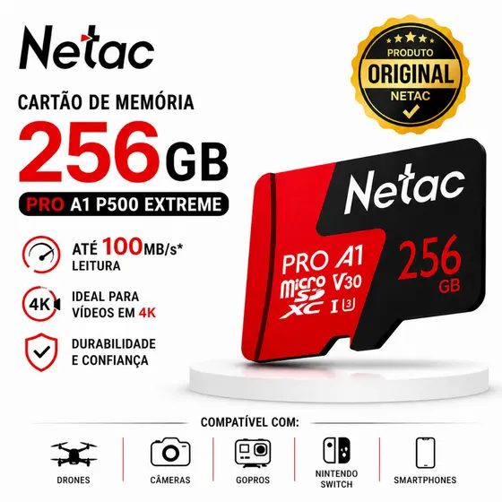 Cartão de Memória 256GB Netac P500 Extreme Pro Micro SD V30 4K Para Drone e Câmera Original