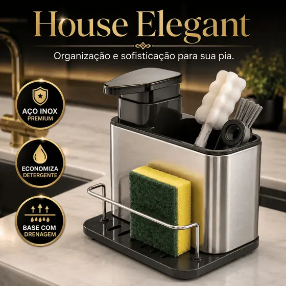 Organizador de Pia com Porta Detergente Inox  | Dispenser para Detergentes Premium